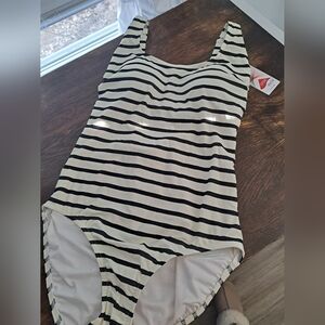 Lands End Black and White Striped Swimsuit
